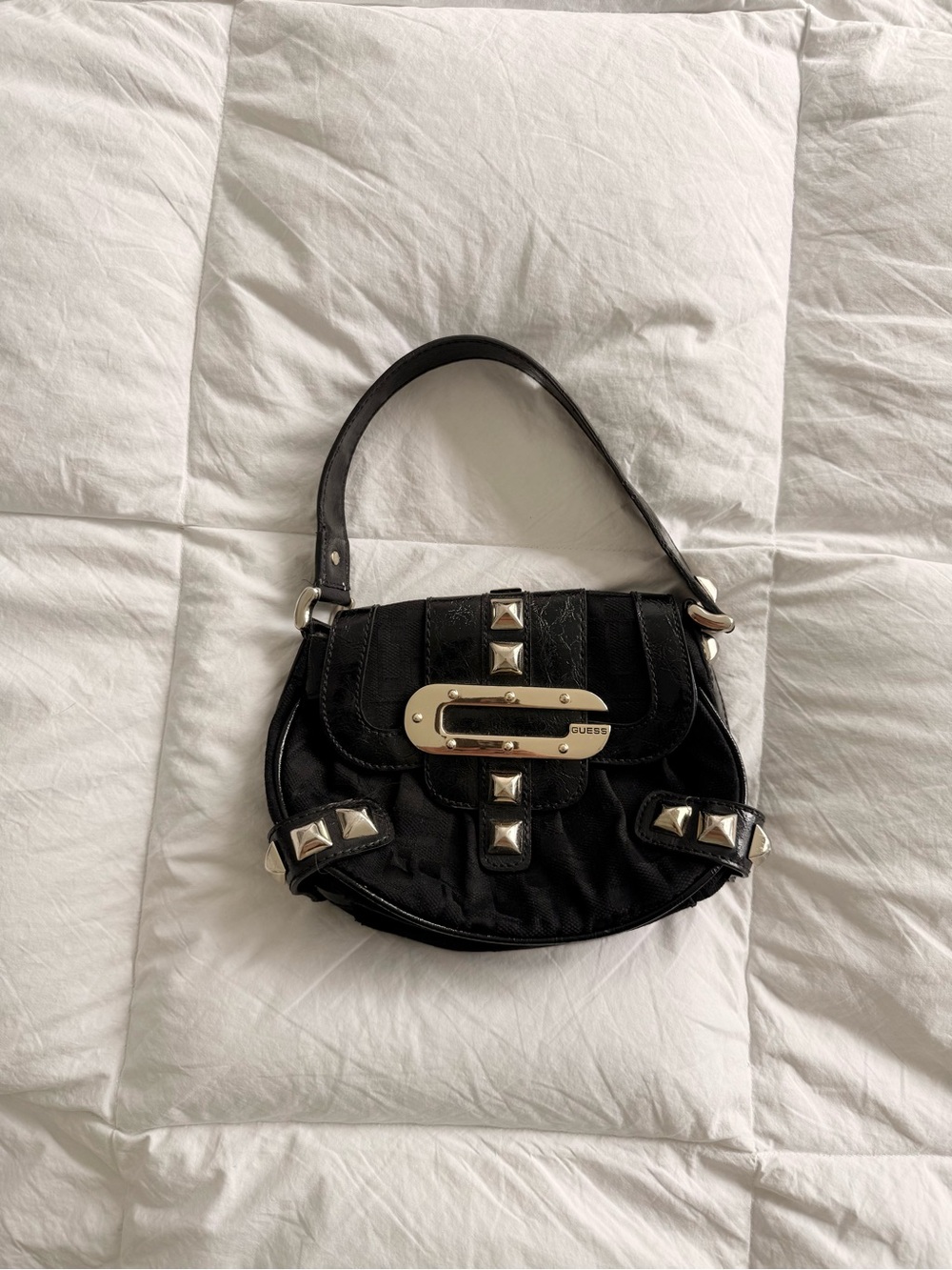 Vintage Guess Black Shoulder Bag with Silver Stud Accents